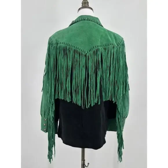 Bob Mackie Wearable Art Vintage Green Suede Leather Fringe Western Jacket Sz S - Picture 3 of 6